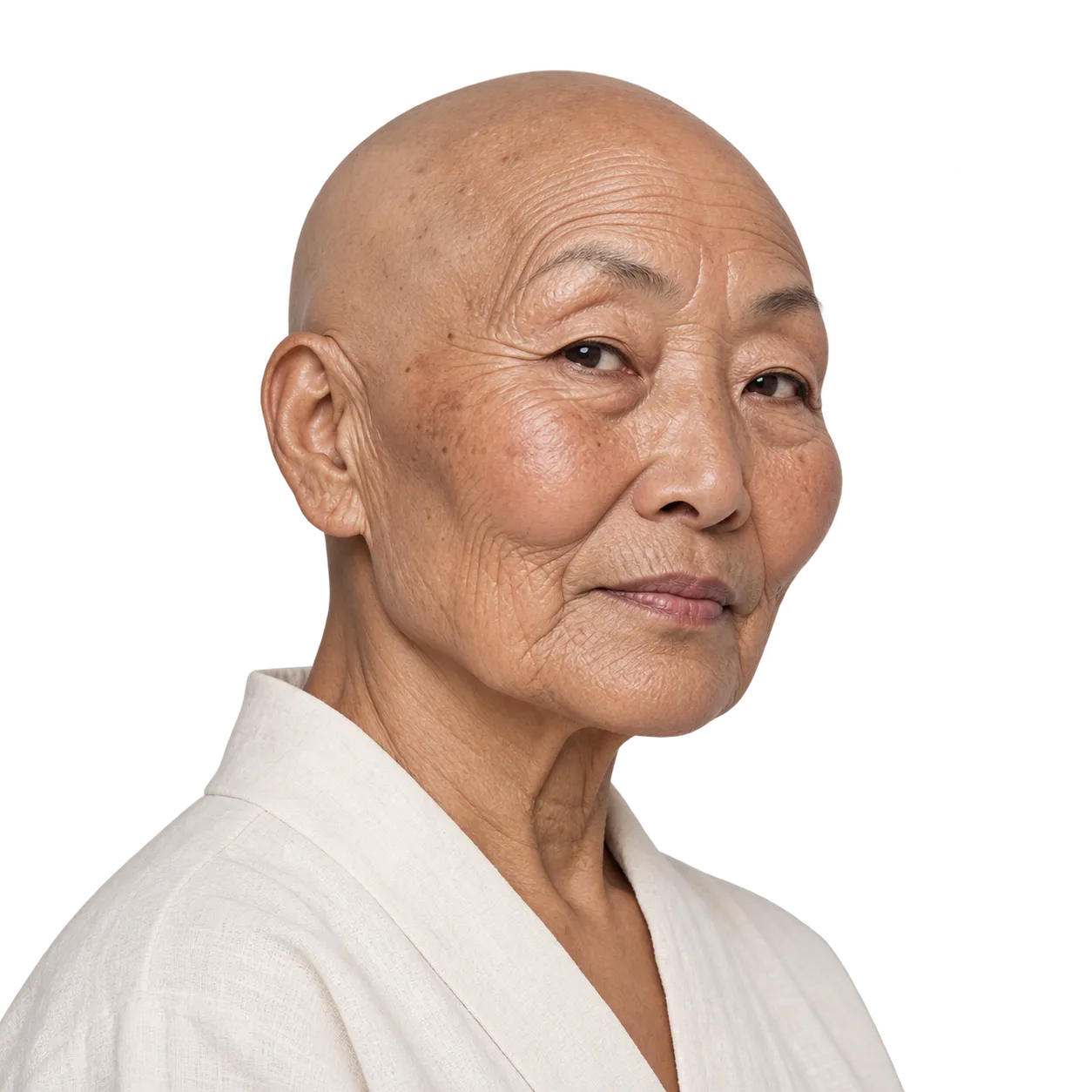 Fictional Mongolian woman in her late 90s with a completely clean-shaven scalp.
