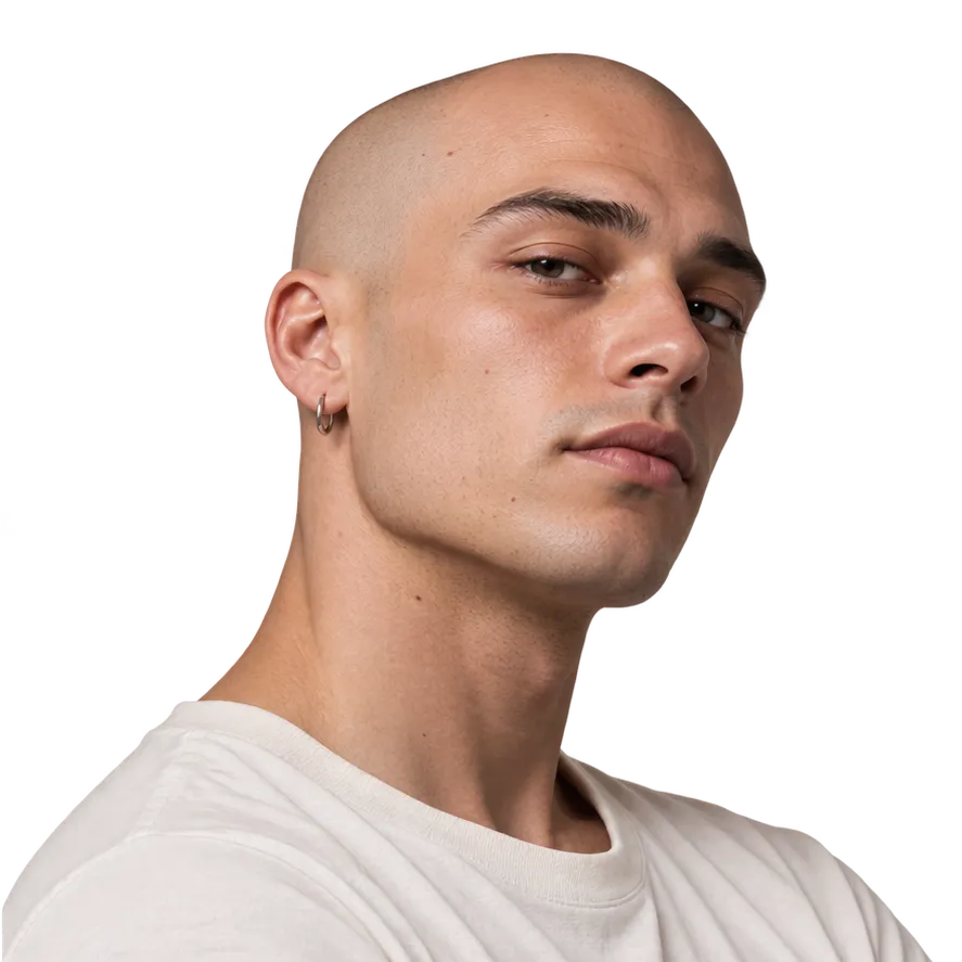 Fictional white man in his mid-20s with a completely clean-shaven scalp.