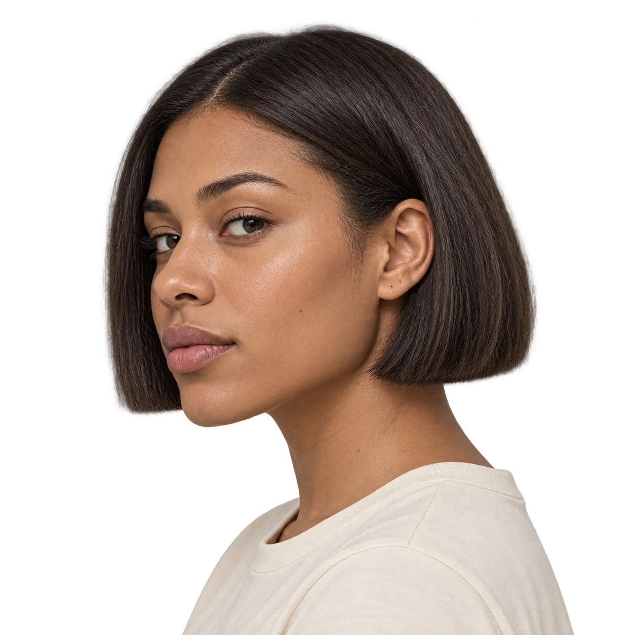 Transparent editorial reference showing a chin-length blunt bob with a strong single-length perimeter.