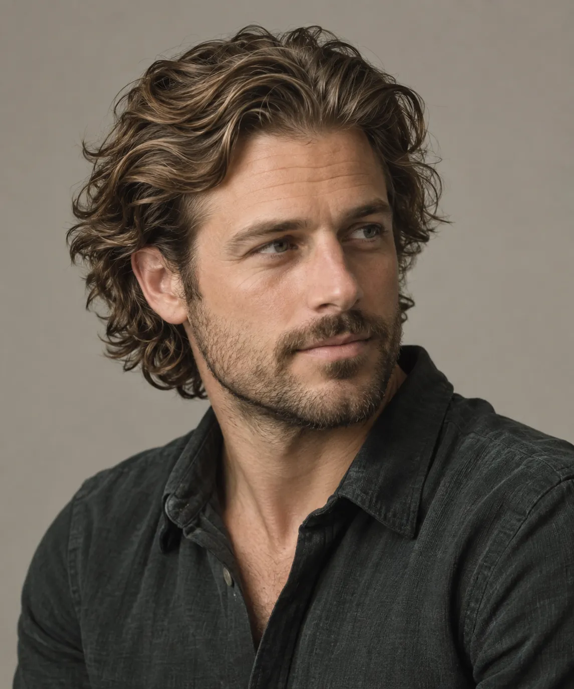 Generated fictional male model with medium-long loose waves brushed back from a near-center part.