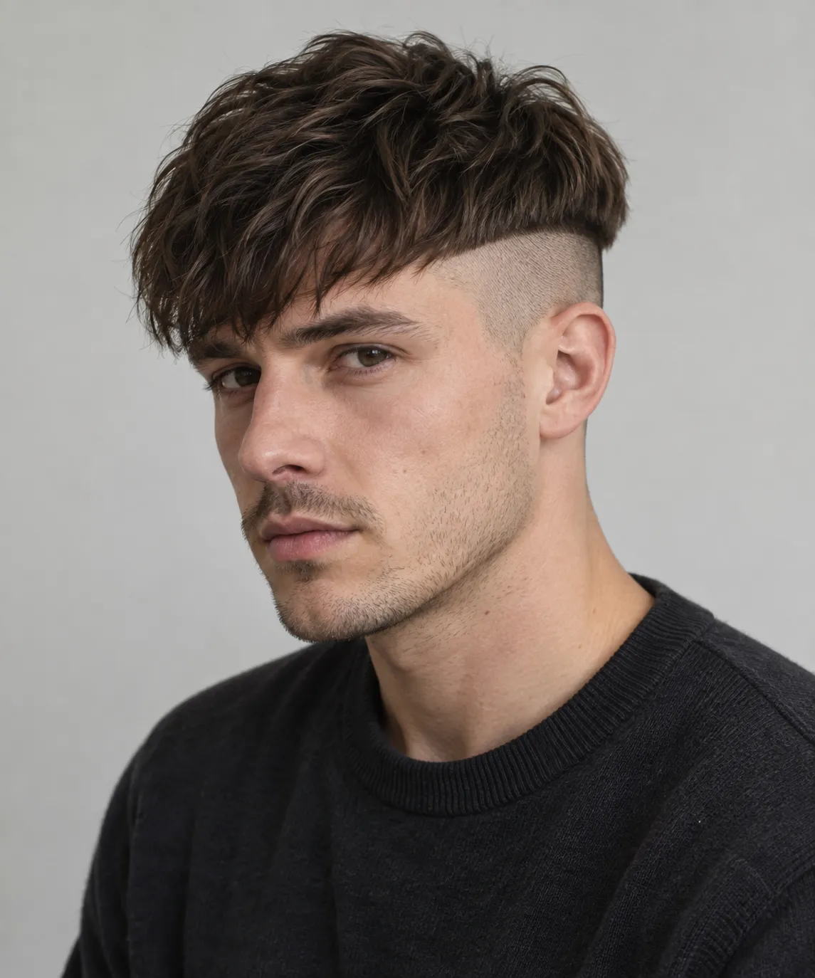 Fictional adult model with a disconnected undercut, close sides, hard separation and longer textured top.