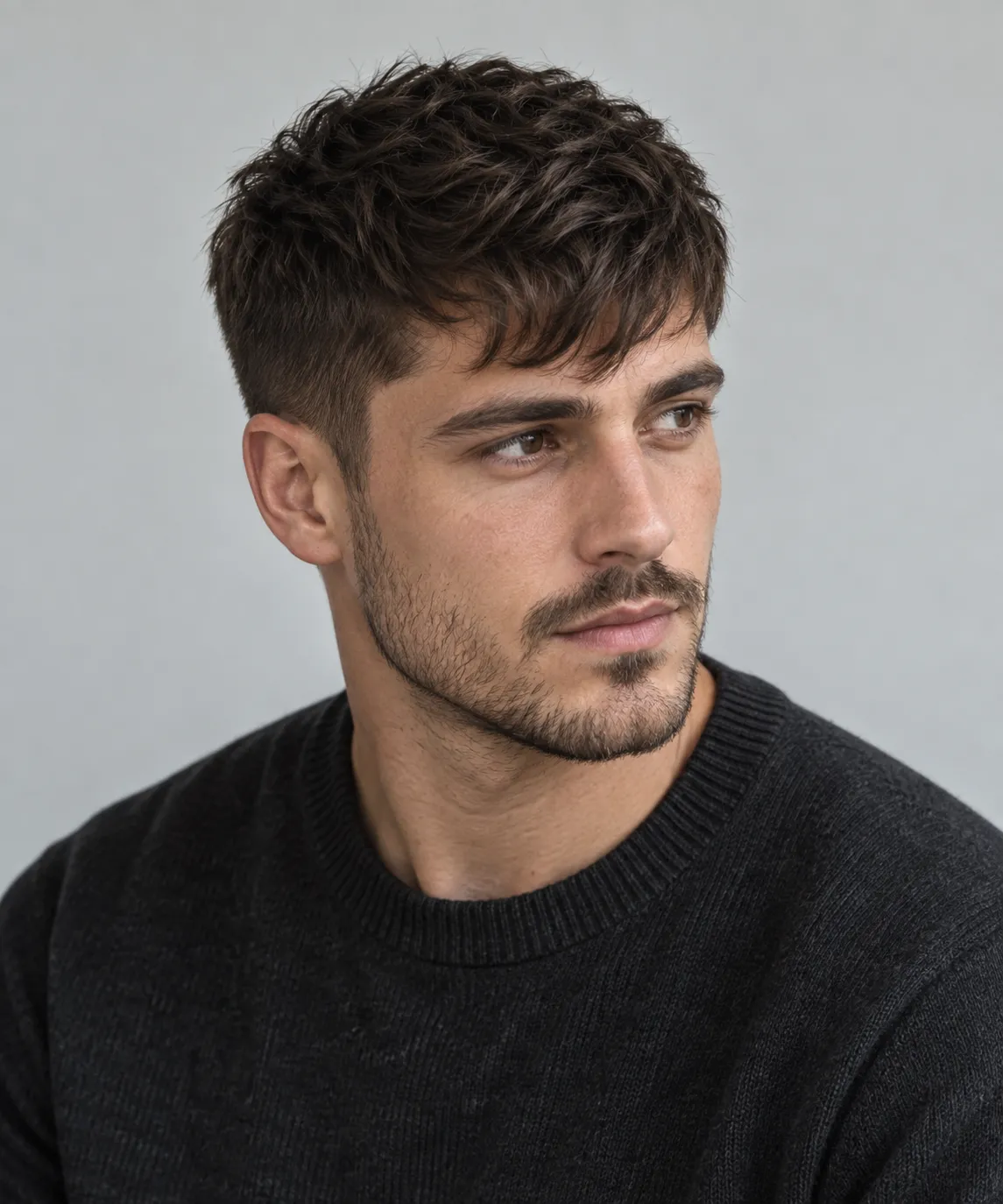 Fictional adult model with a short textured crop, connected sides and a loose forward fringe.