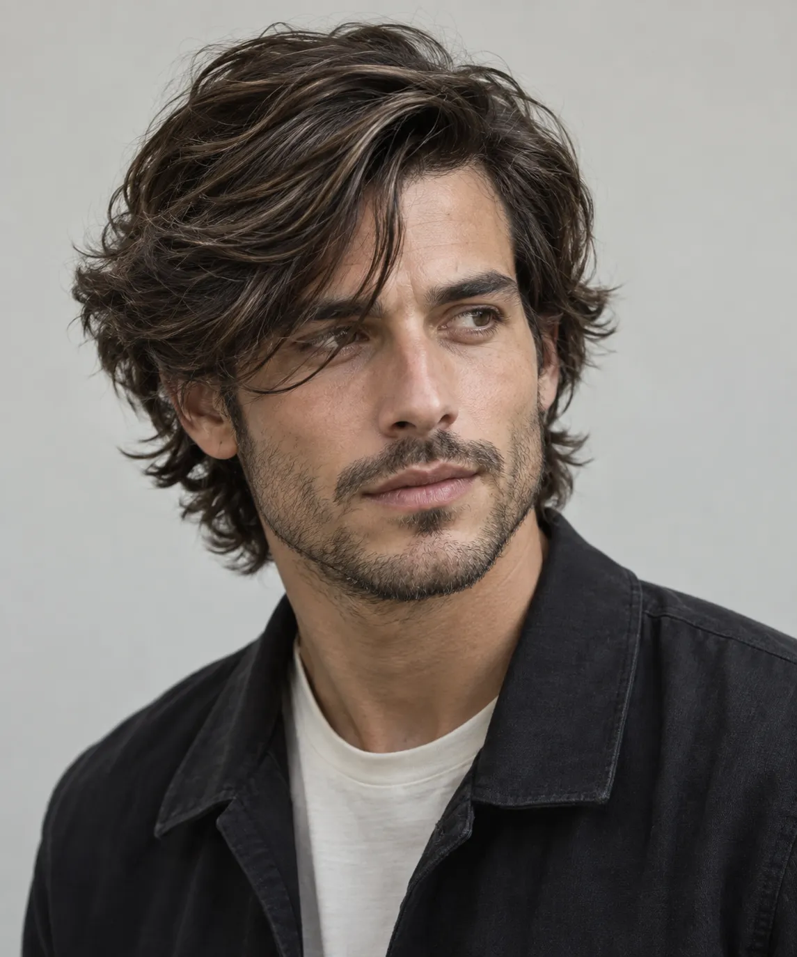 Fictional adult model with medium-long, loosely waved layers and a side-swept fringe.