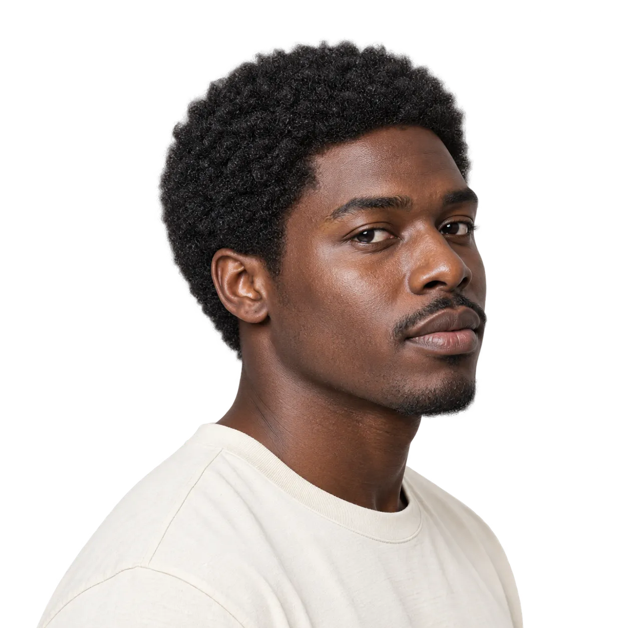 Transparent editorial reference showing a short cropped afro with rounded coily texture.