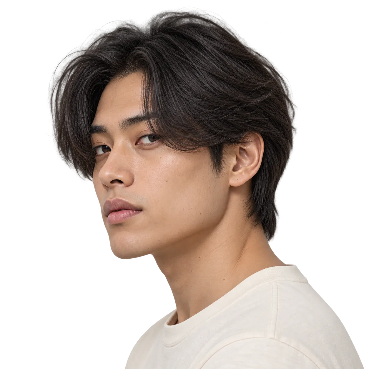 Editorial reference showing a mid-20s East Asian man with dense black straight hair in a medium-length center-parted curtain haircut.