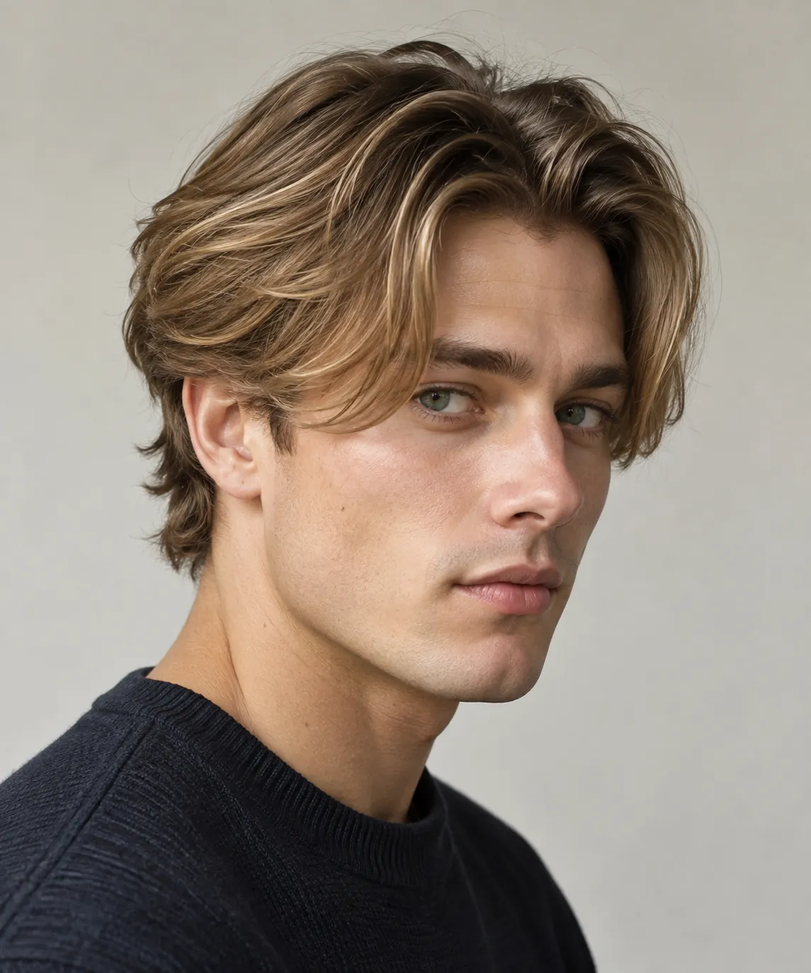 Fictional adult male model with a medium swept-back taper, longer textured top and connected tapered sides.