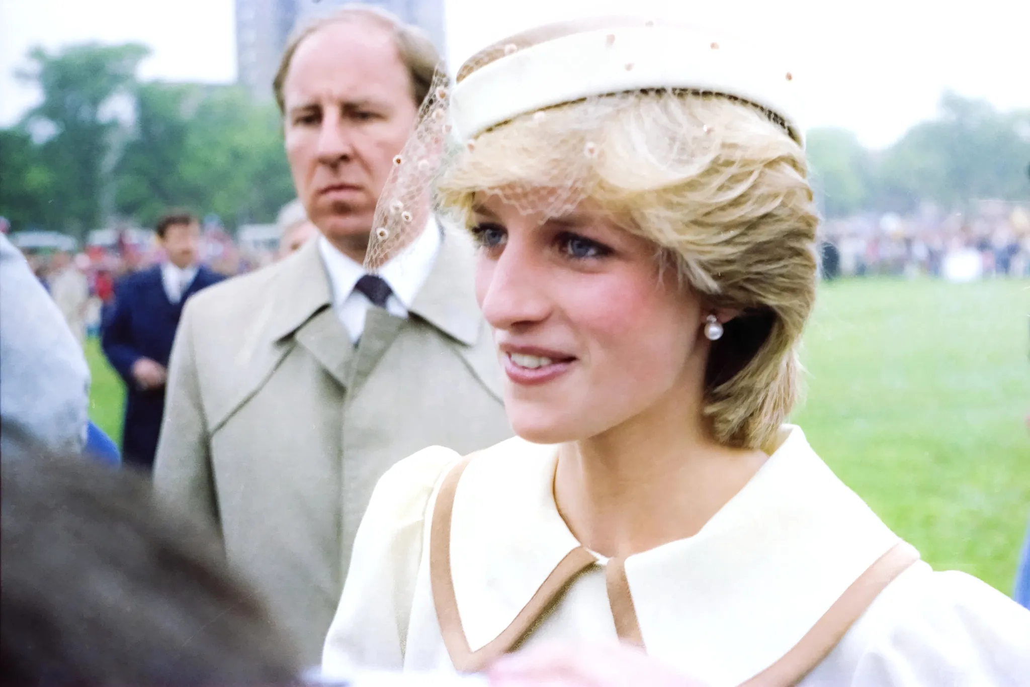 Diana, Princess of Wales, in Halifax during the June 1983 Canadian tour; short feathered layers and a wispy fringe are visible beneath a hat and veil.