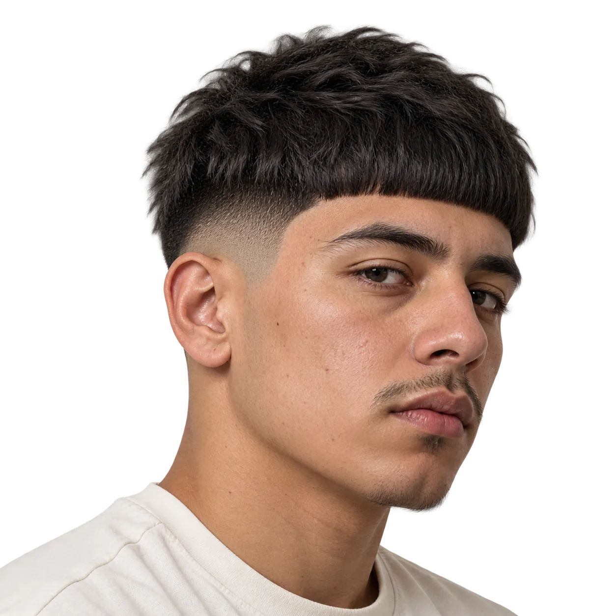 Fictional young Latino man with a classic Edgar haircut featuring a blunt straight fringe, dense dark top and closely faded sides.