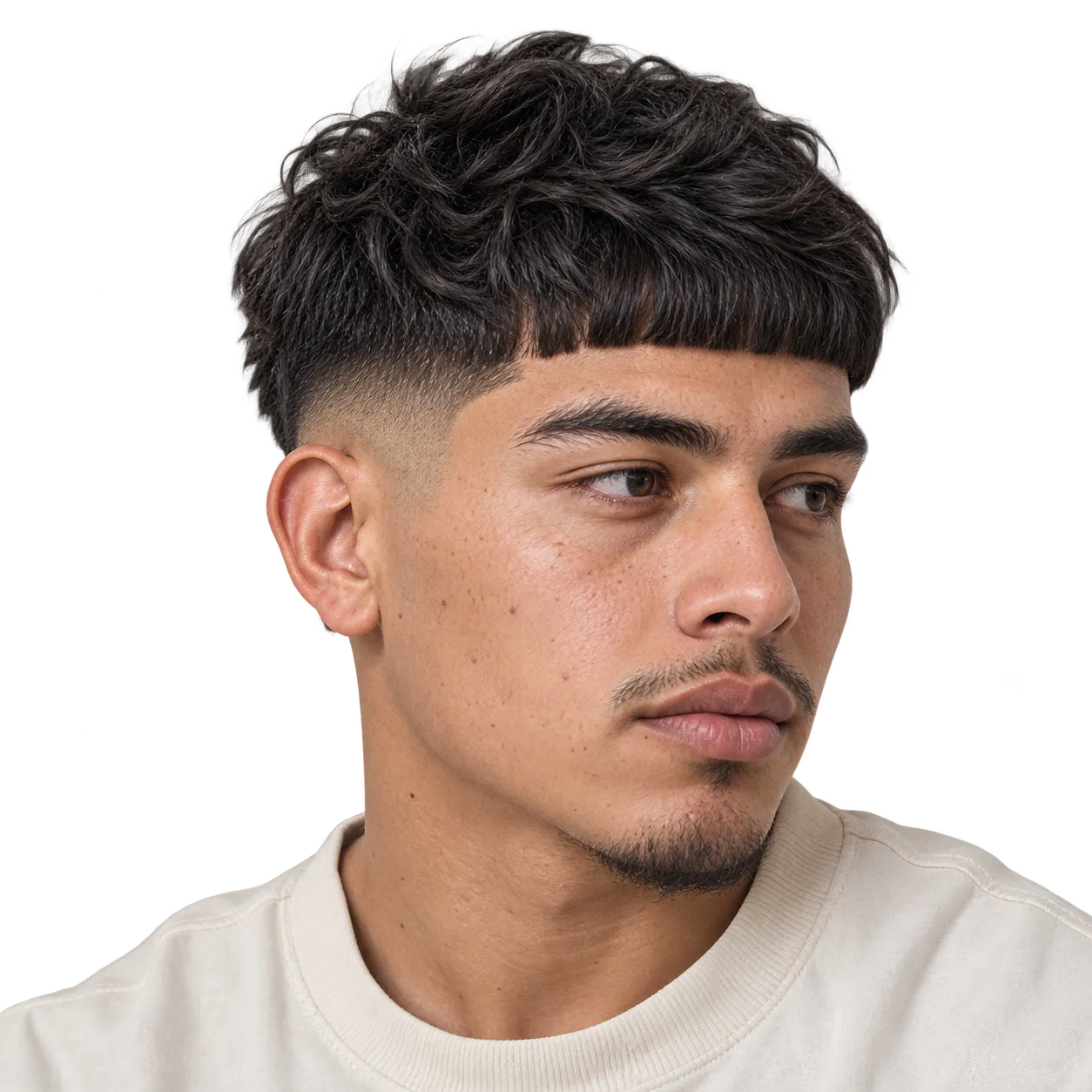Fictional young Latino man with a fluffy wavy Edgar haircut, blunt fringe and tightly faded sides.