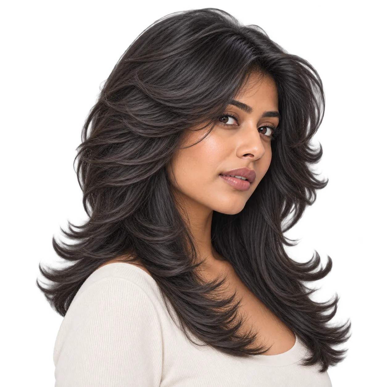 A fictional Indian woman in her 20s wearing long black hair in a Farrah-style feathered cut with broad face-opening layers and outward-flipped lower sections.