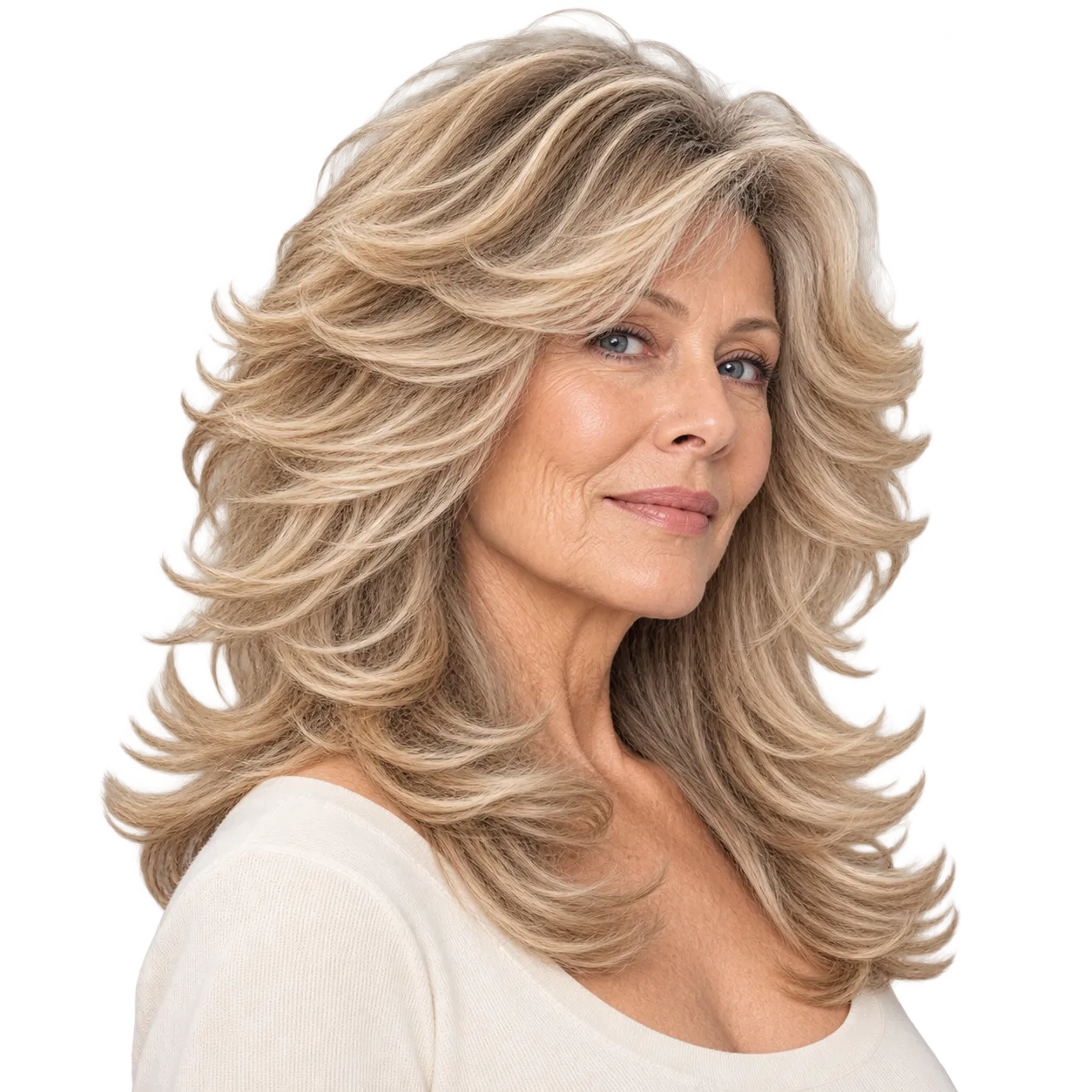 Fictional blonde woman with long heavily layered hair styled into large outward feathered sections around the face and shoulders.