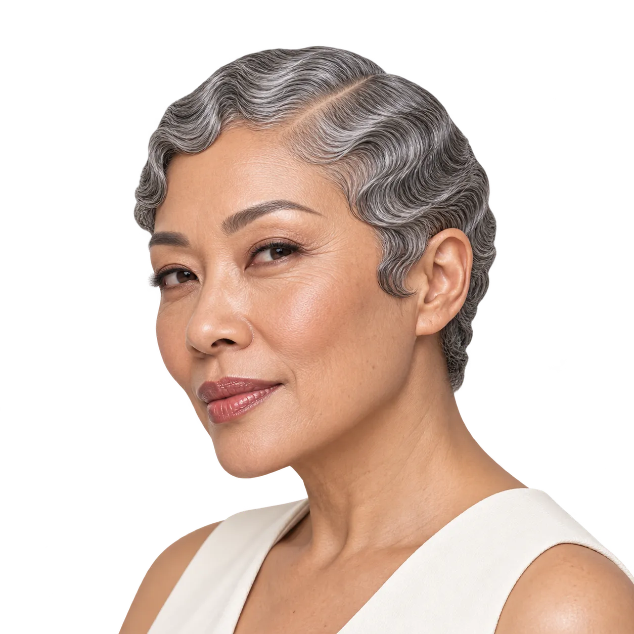 Three-quarter portrait of a fictional adult wearing glossy close-cropped finger waves with a deep side part on a transparent background.