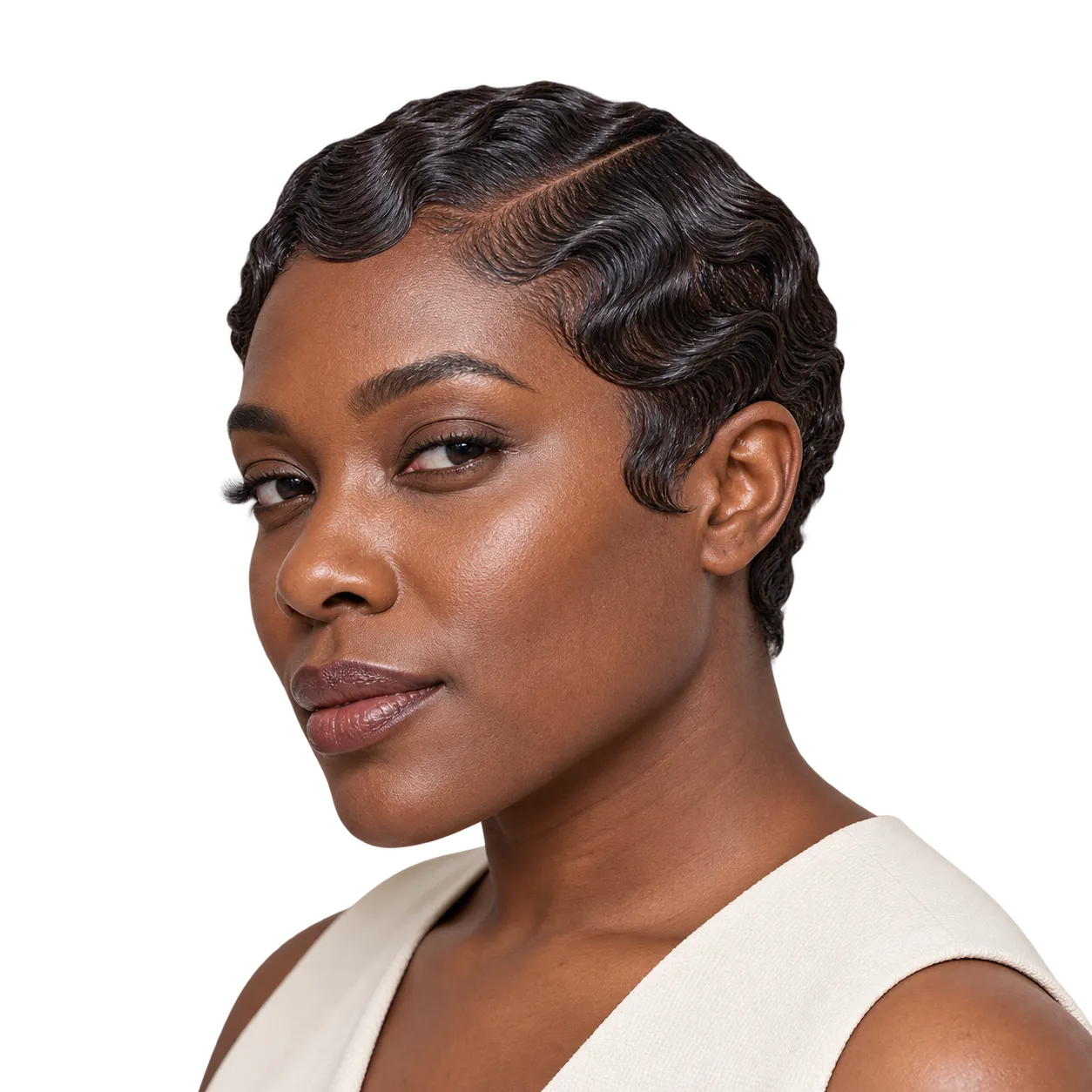 Three-quarter portrait of a fictional Black adult wearing glossy close-cropped finger waves with a deep side part on a transparent background.