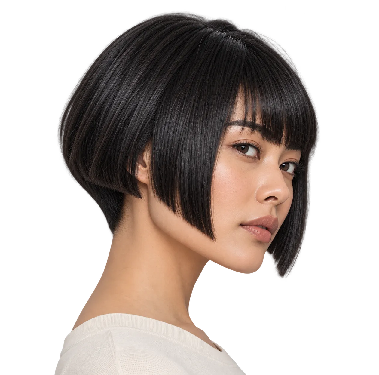Fictional woman shown three-quarter view with a glossy black geometric Five Point-style short haircut and pronounced pointed side perimeter.