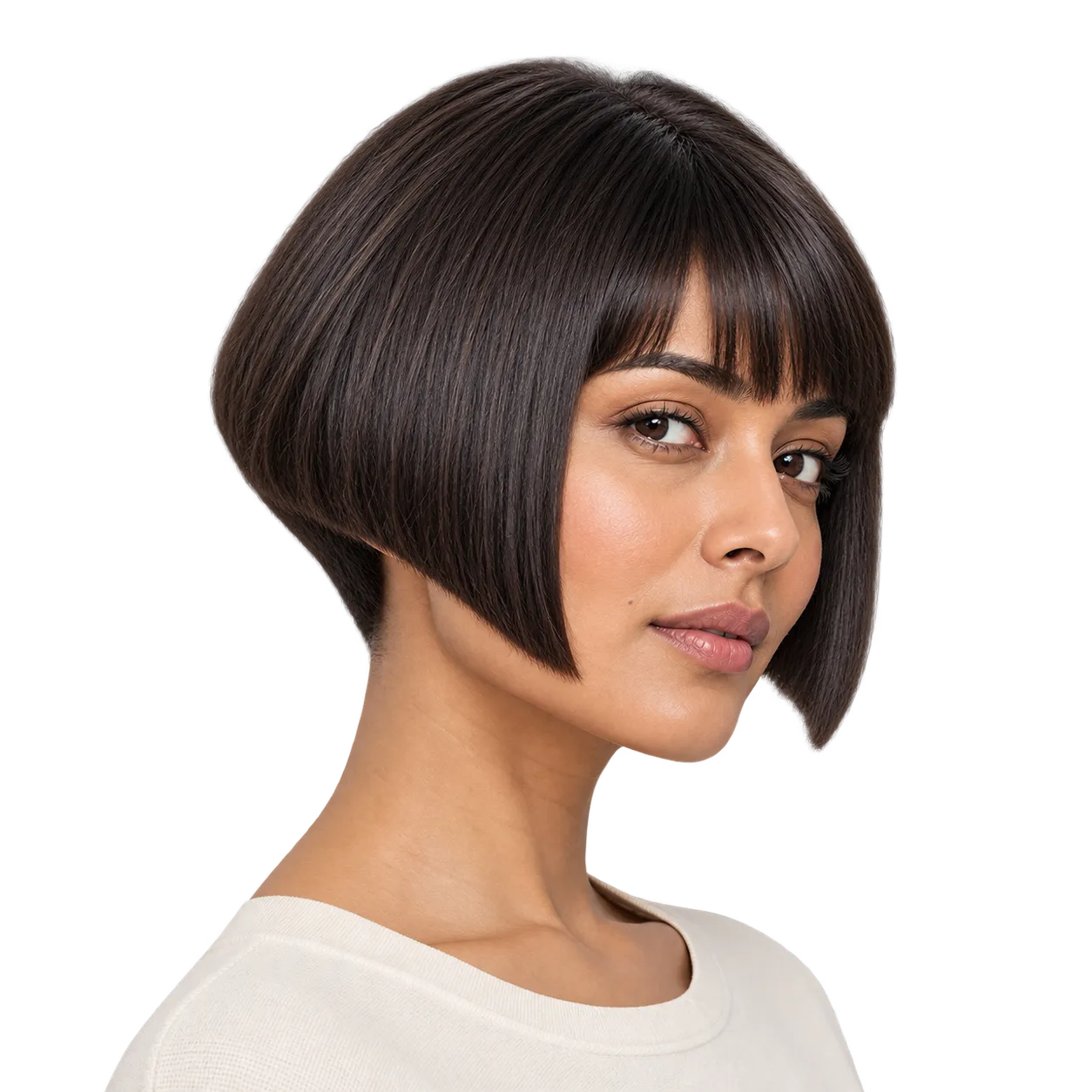 Fictional woman shown three-quarter view with a glossy dark geometric Five Point-style short haircut and pronounced pointed side perimeter.