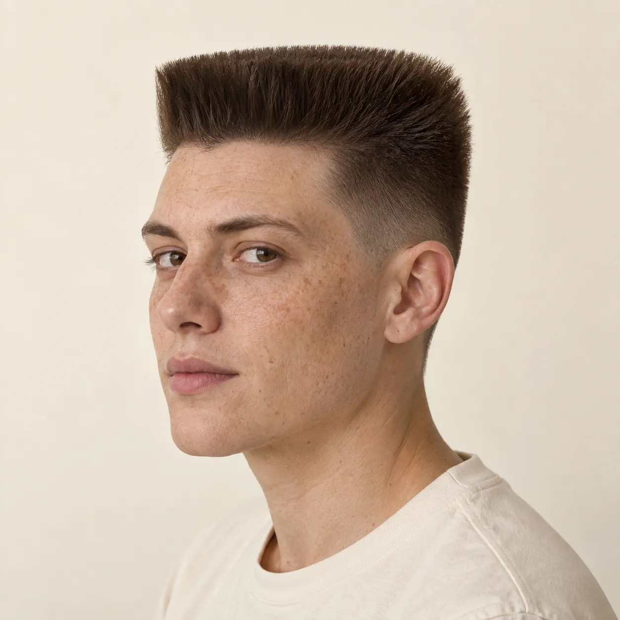 Generated editorial reference showing an upright compact flat top with squared corners above short graduated sides on a fictional adult.