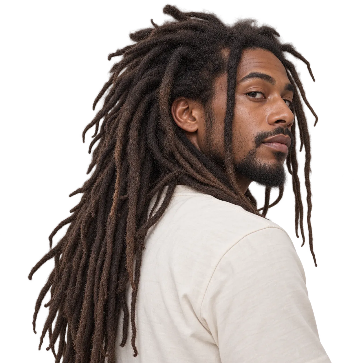 Editorial reference showing a Black man with long mature freeform locs of varied thickness and irregular natural roots.
