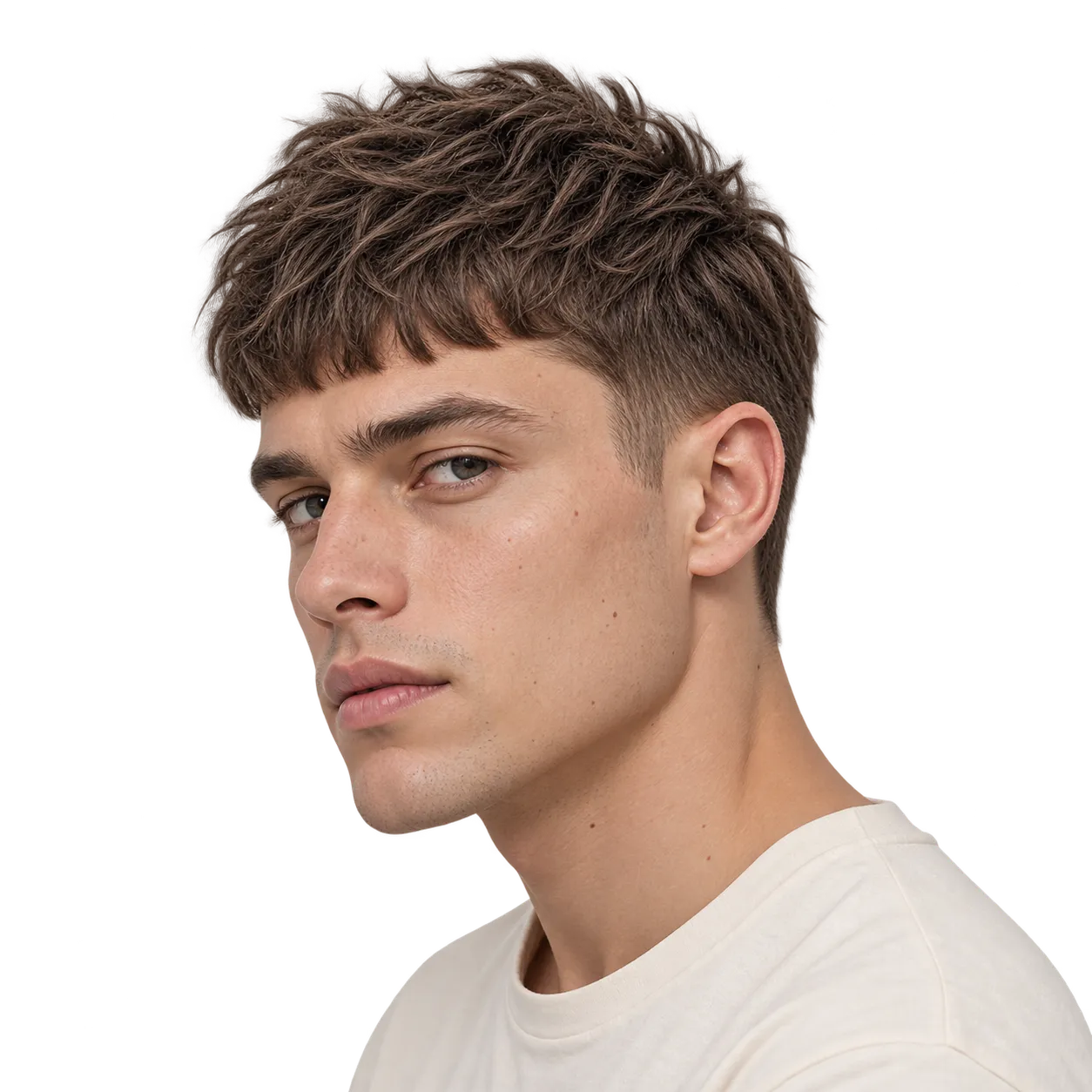 Editorial reference showing a fair-skinned white man with dark-blond wavy hair in a textured French crop with a short forward fringe.
