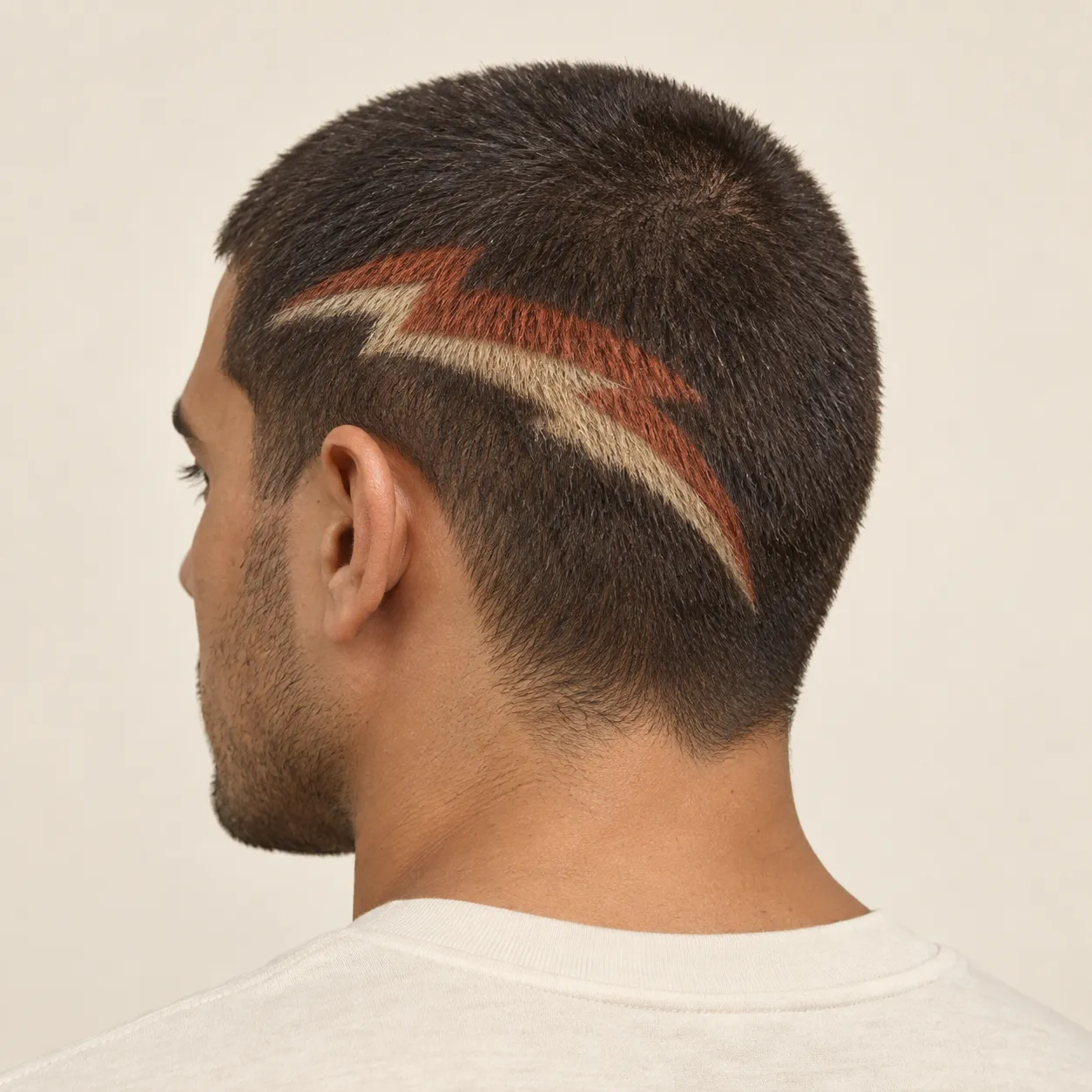 Generated fictional man with a two-tone copper and cream geometric motif colored into a close crop.