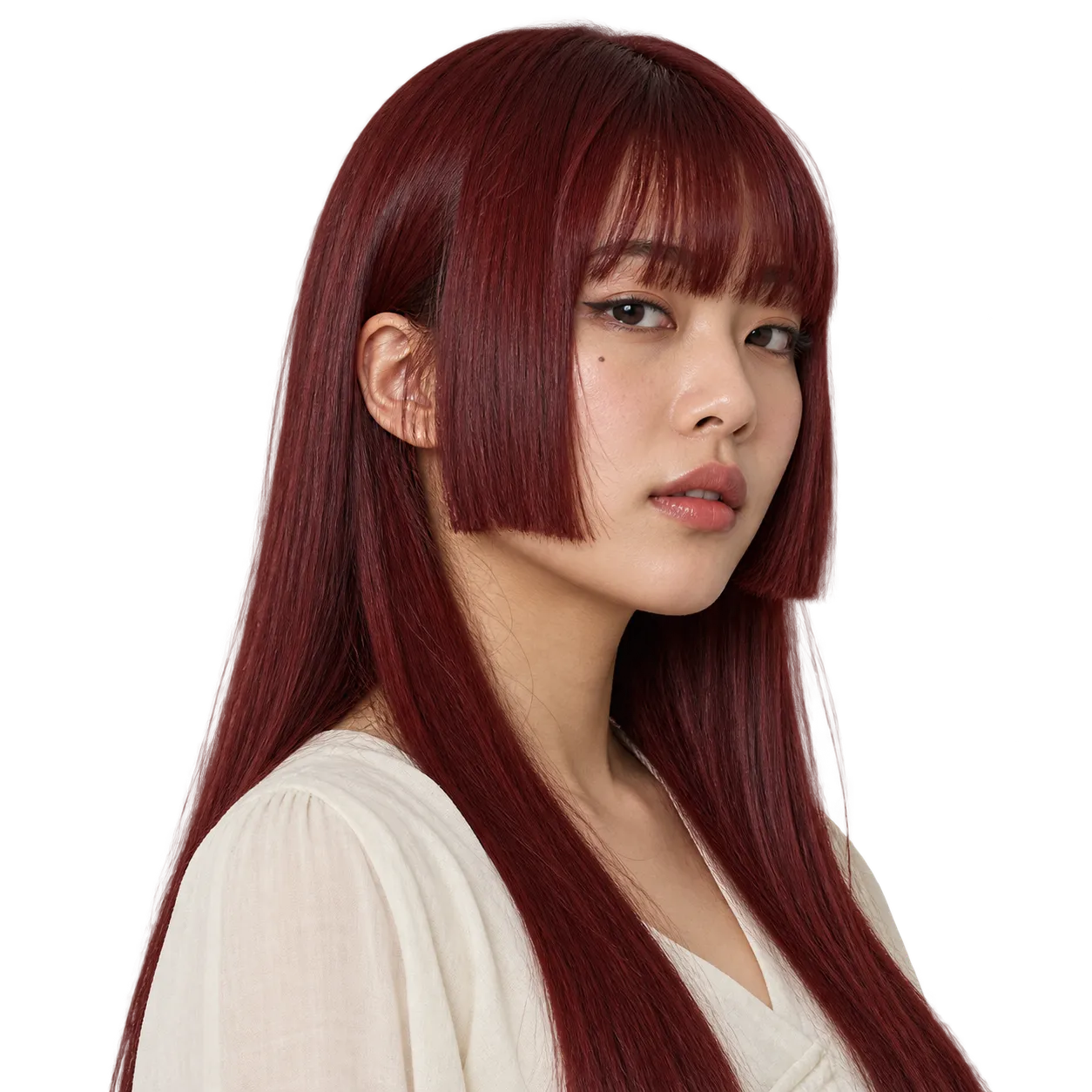 Fictional Korean woman with long medium-dark red straight hair, blunt bangs and jaw-length Hime side panels.