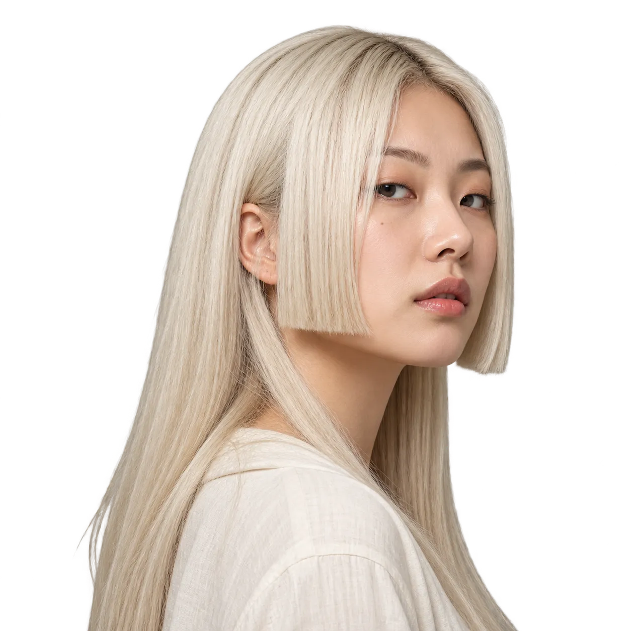 Fictional Korean woman with long platinum blonde straight hair and blunt jaw-length Hime side panels framing a center part.