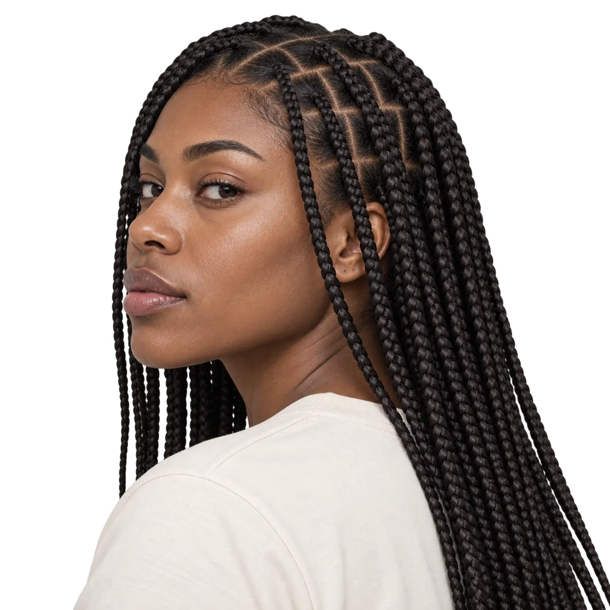 Transparent editorial reference showing medium knotless box braids with flat feed-in roots.