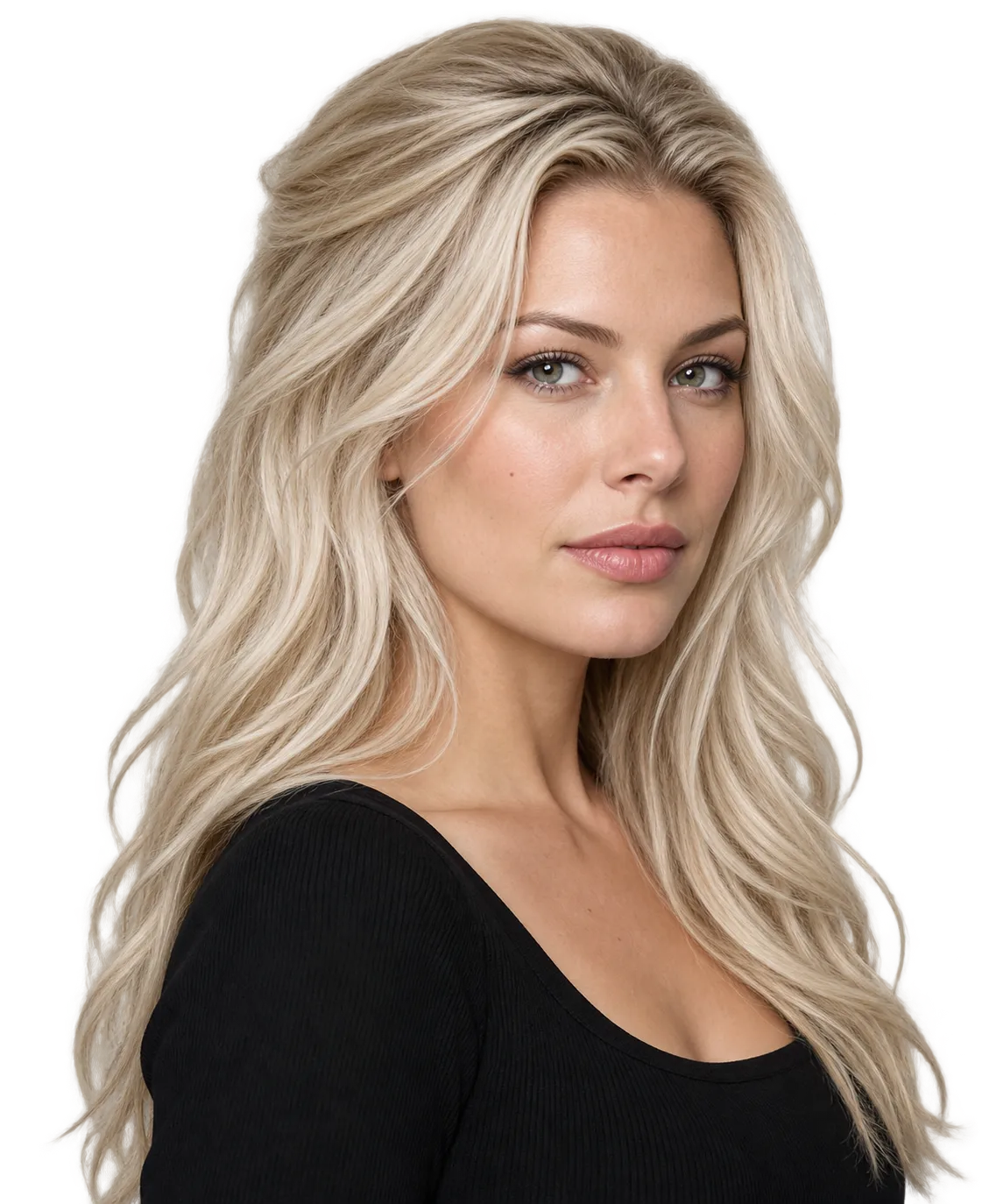 Fictional woman showing long platinum-blonde hair with subtle face-framing layers and soft movement.