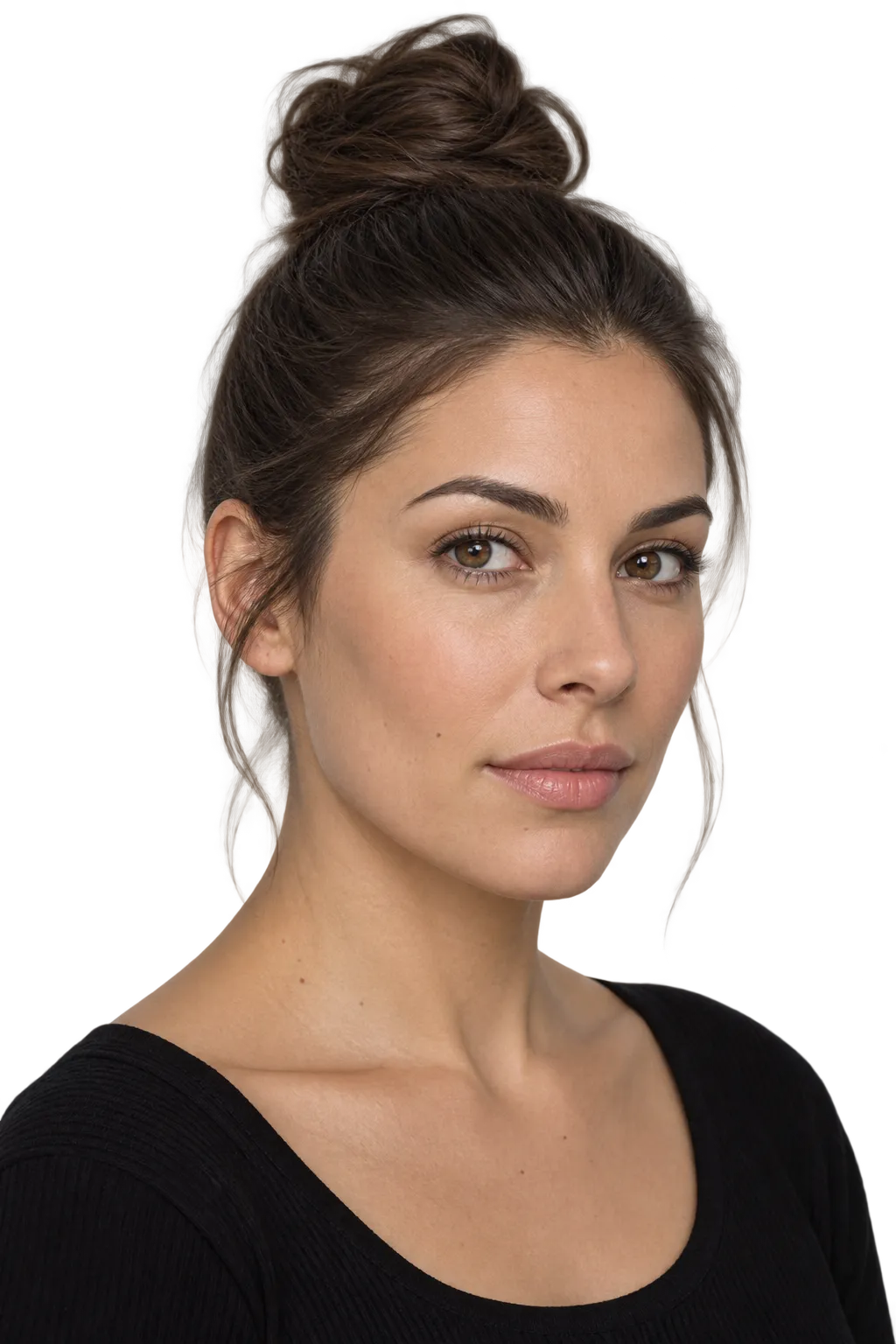 Fictional woman with dark hair gathered into a neat high top knot.