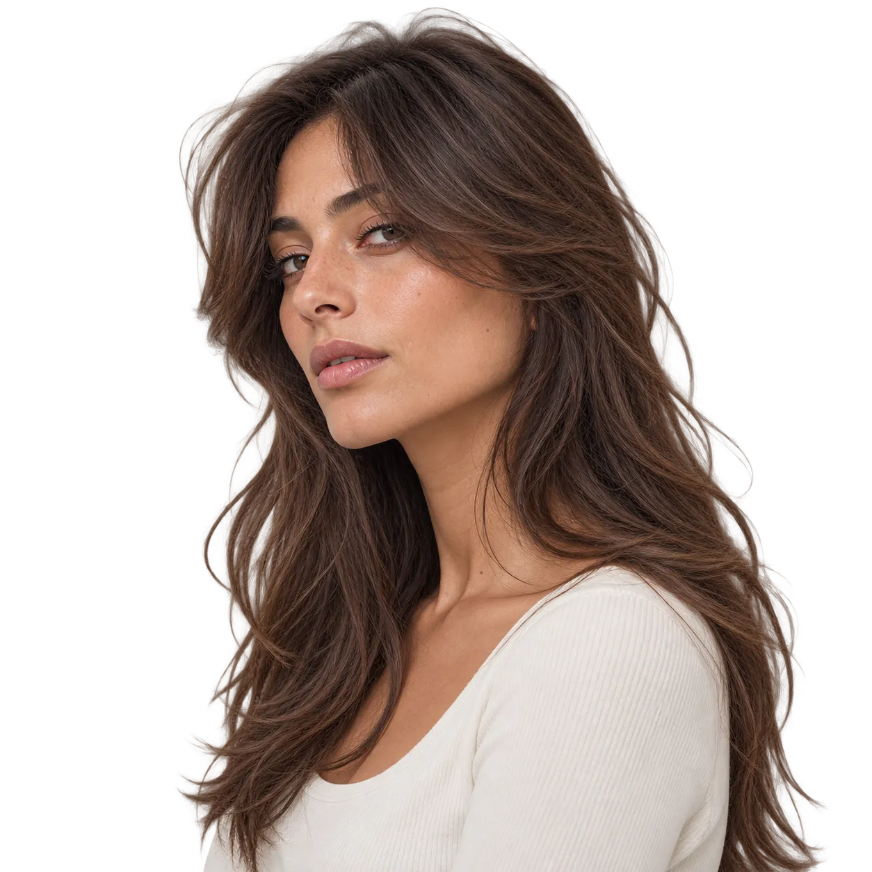 Editorial reference showing an adult woman with long dark brunette hair, soft face-framing layers, curtain fringe, and loose waves.