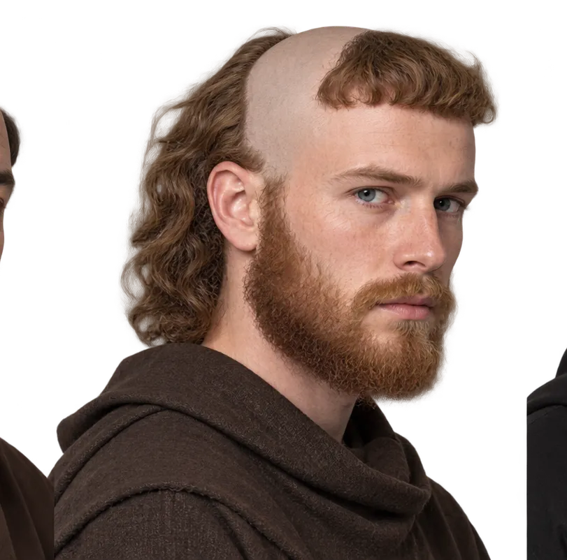 Fictional young fair-skinned man with a Celtic tonsure, showing a shaved front scalp and longer hair retained behind it.