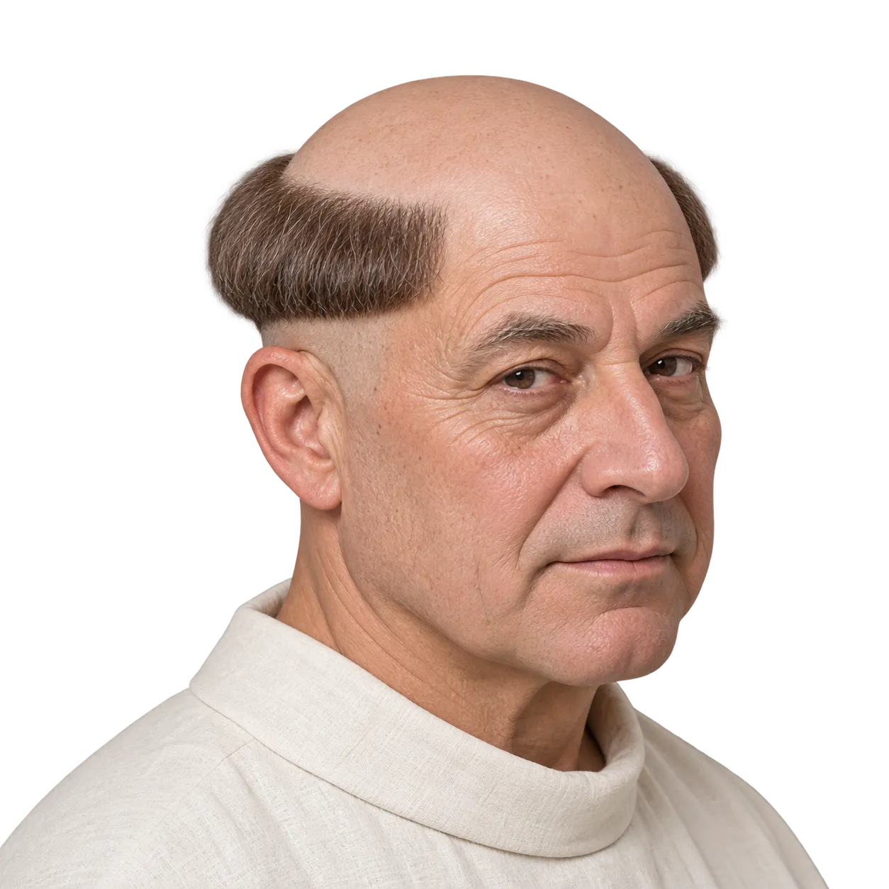 Fictional older white man with a Roman monastic tonsure, showing a shaved crown surrounded by a continuous ring of short hair.