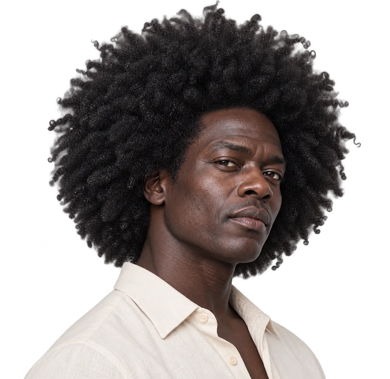Fictional Black man in his early 40s with very deep brown skin, no beard, and a full softly rounded natural Afro with visible coily texture.