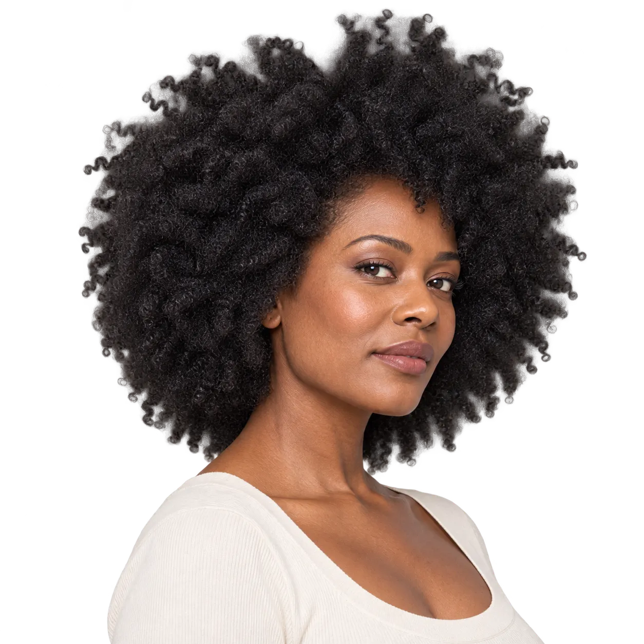 Fictional Black woman with a large softly rounded natural Afro showing visible coily texture and an organic perimeter.
