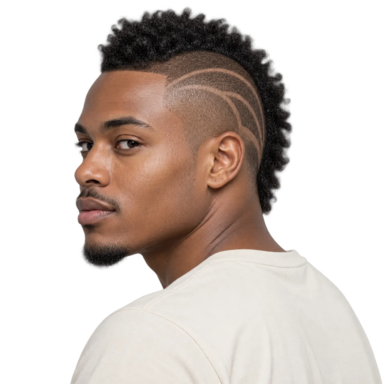 Transparent editorial reference showing a patterned mohawk with a curved raised crest.