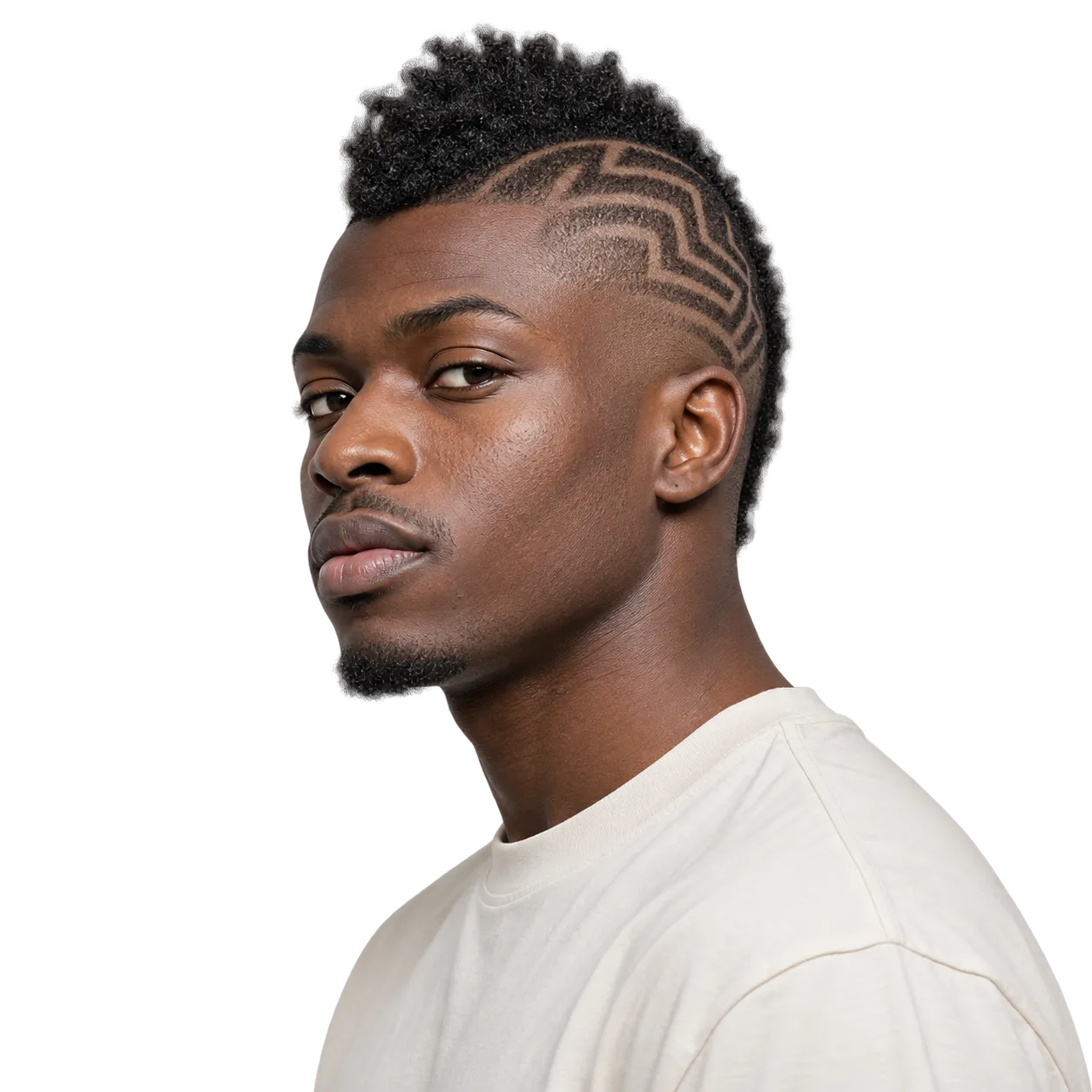 Transparent editorial reference showing a patterned mohawk with geometric shaved side detail.