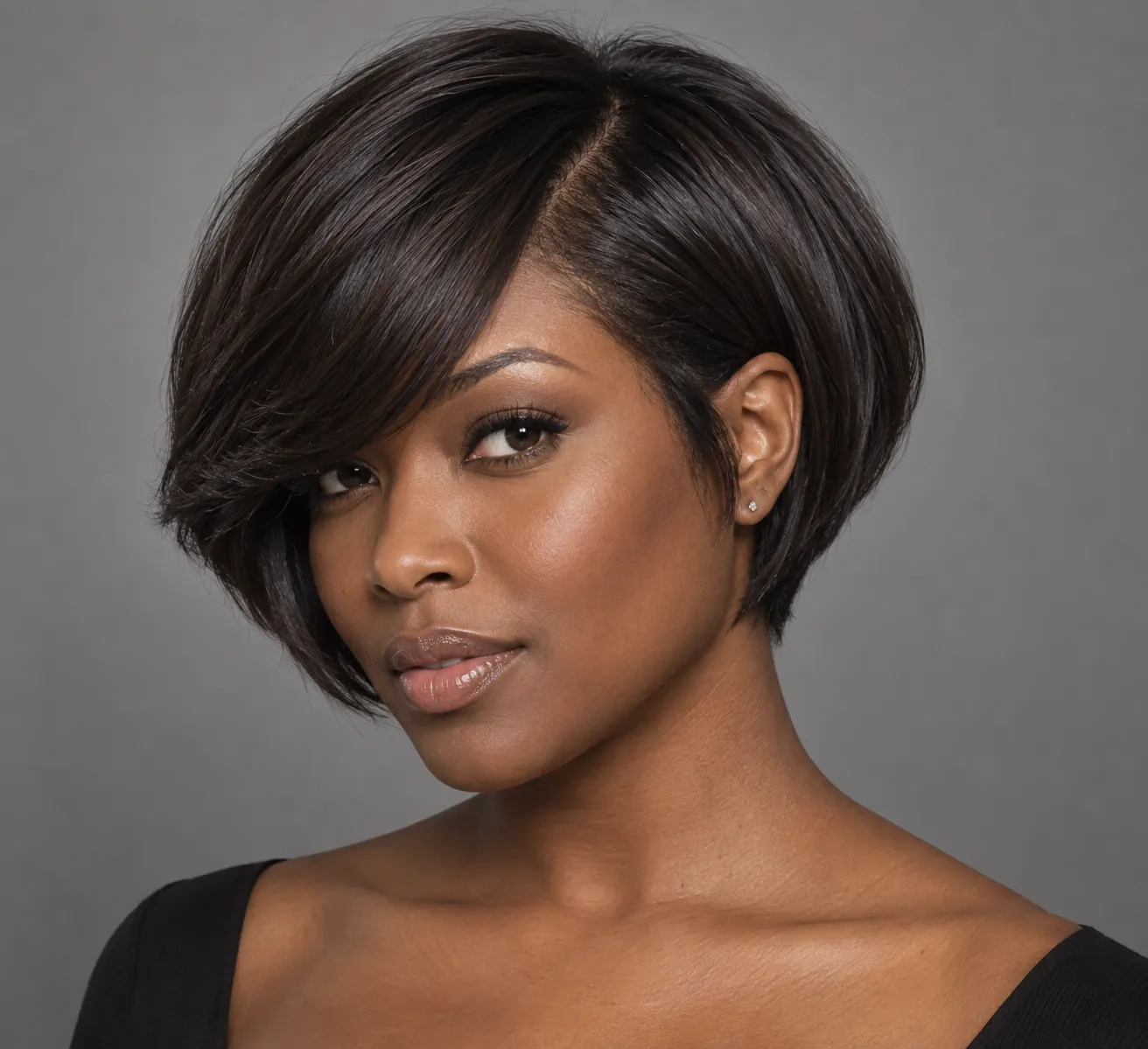 Fictional Black woman model demonstrating a short rounded asymmetrical bob with deep side part and long side-swept fringe.