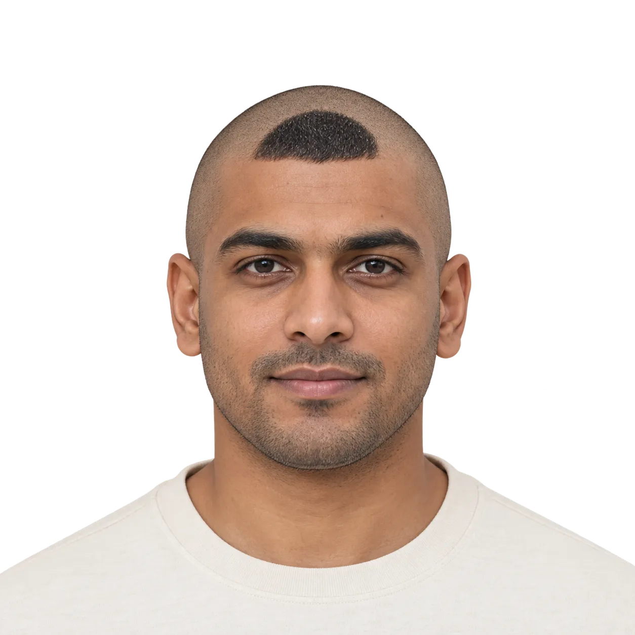 Fictional adult man shown front-on with a close-shaved scalp and one short, rounded half-circle patch at the center front hairline.