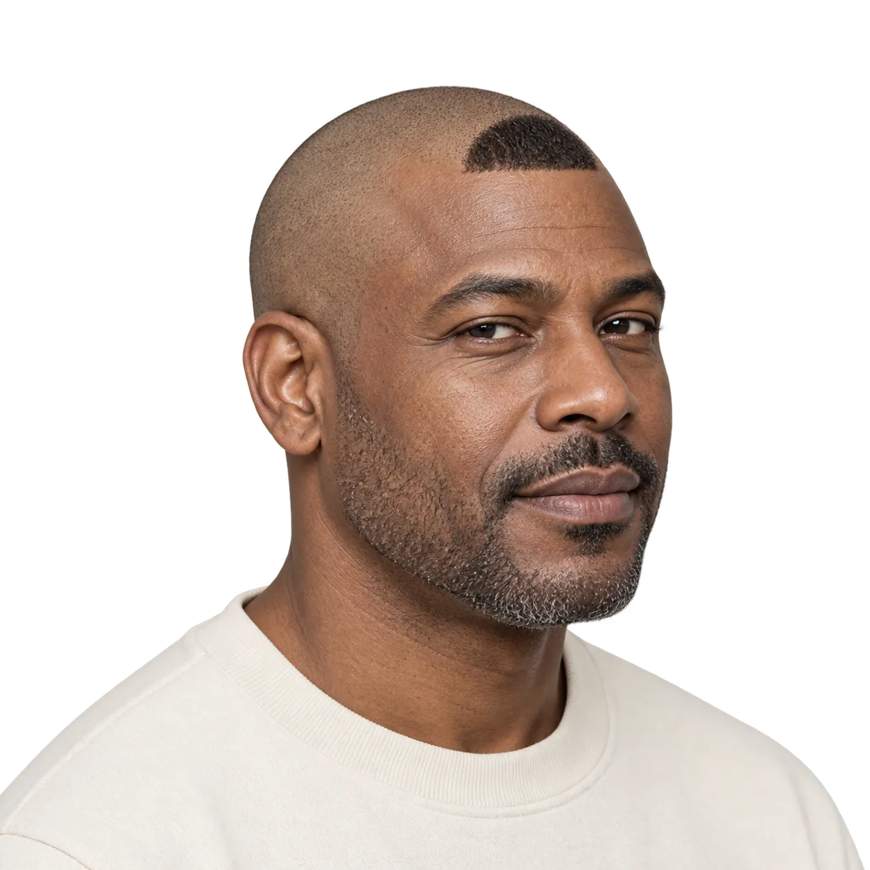 Fictional adult man in three-quarter view with a close-shaved scalp and one small curved patch of hair at the front hairline.