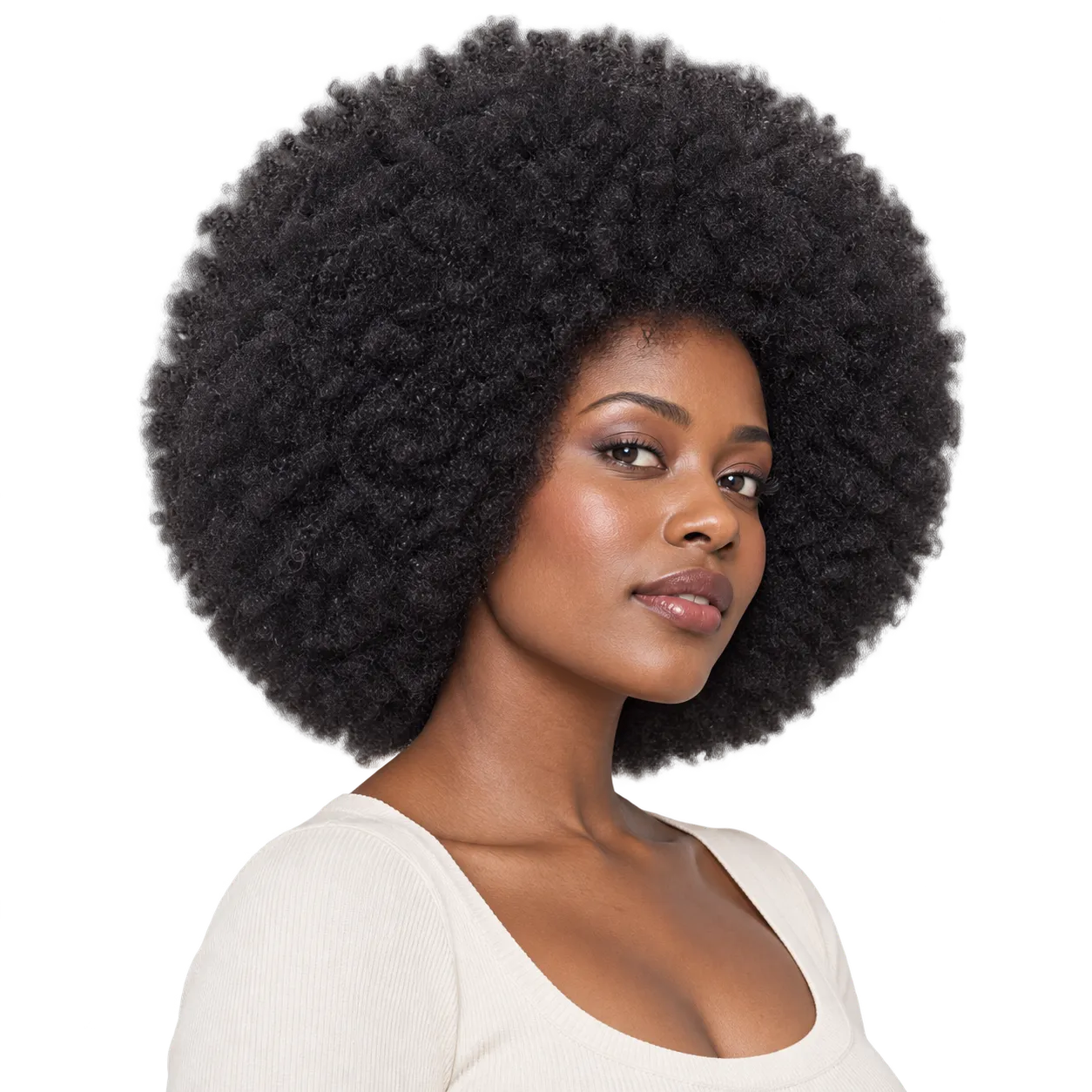 Fictional Black woman with a large dense black Afro shaped into a nearly spherical silhouette.