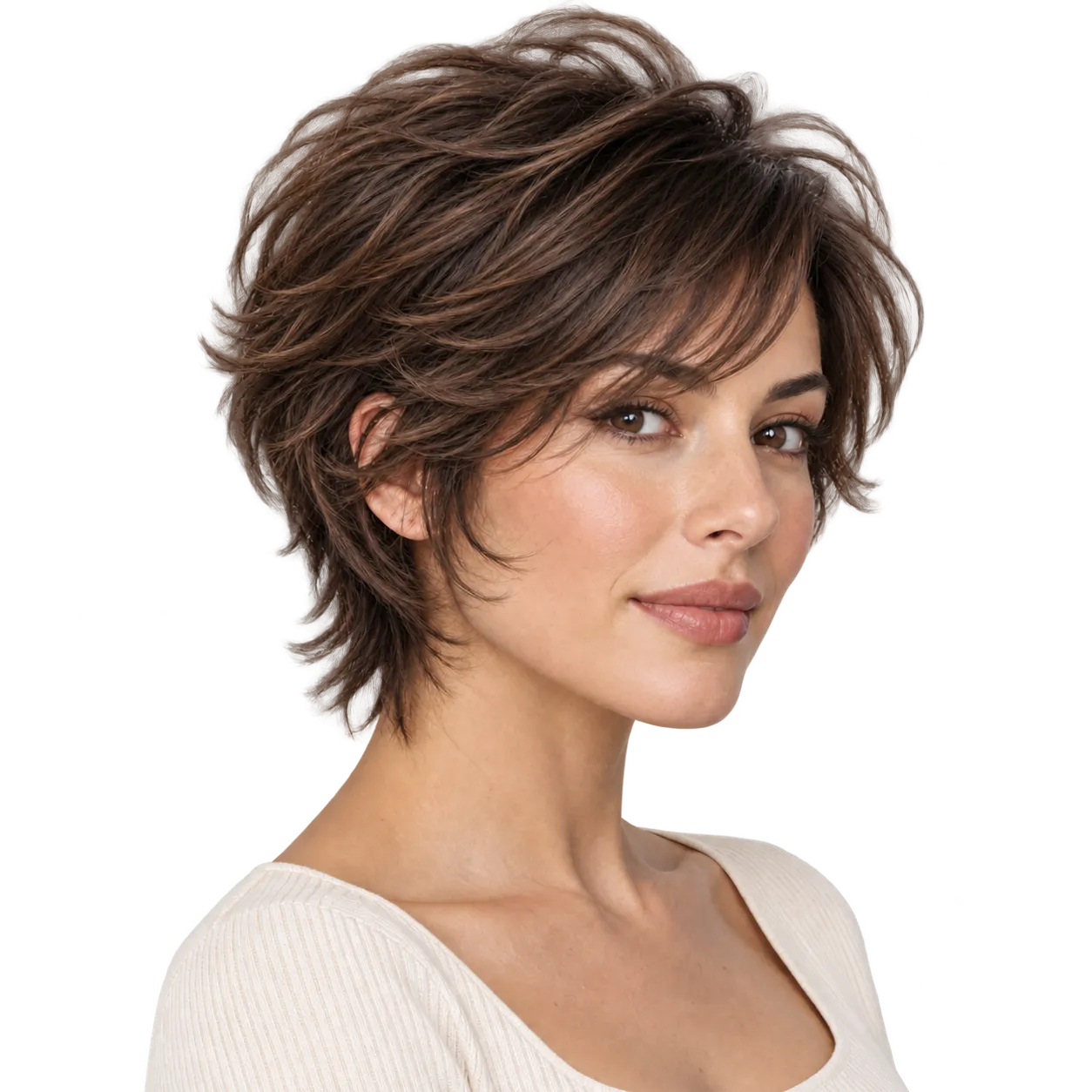 Editorial portrait of a fictional adult woman with a short chestnut feathered shag, airy crown layers, a wispy fringe, and separated face-framing ends.