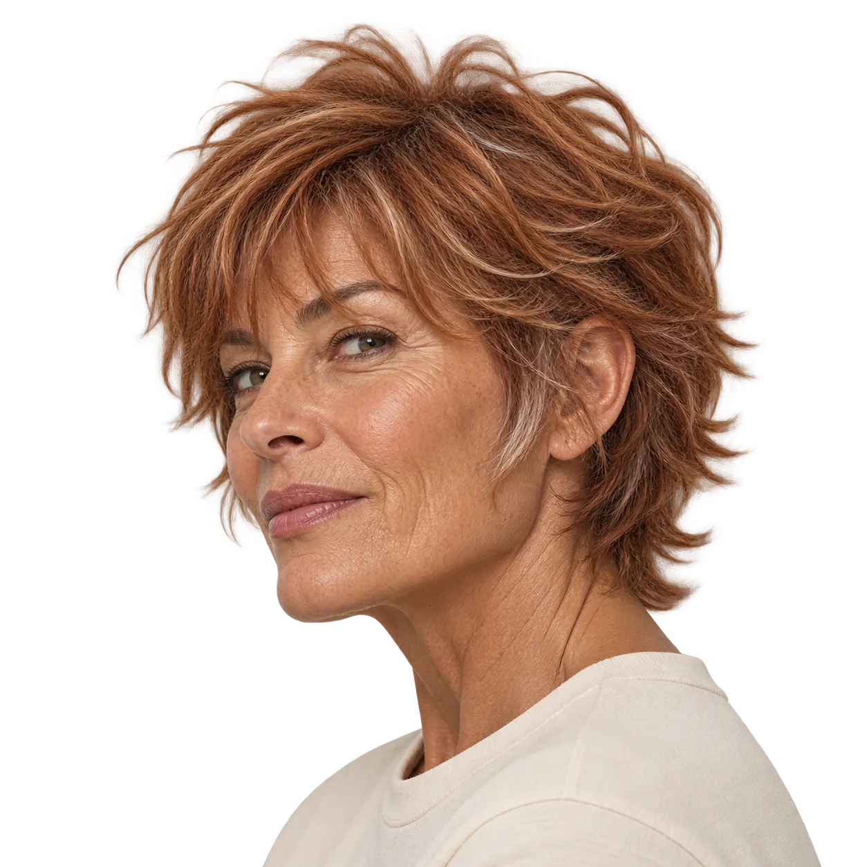Editorial reference showing a tanned 60-year-old woman with short copper hair in a soft feathered shag.