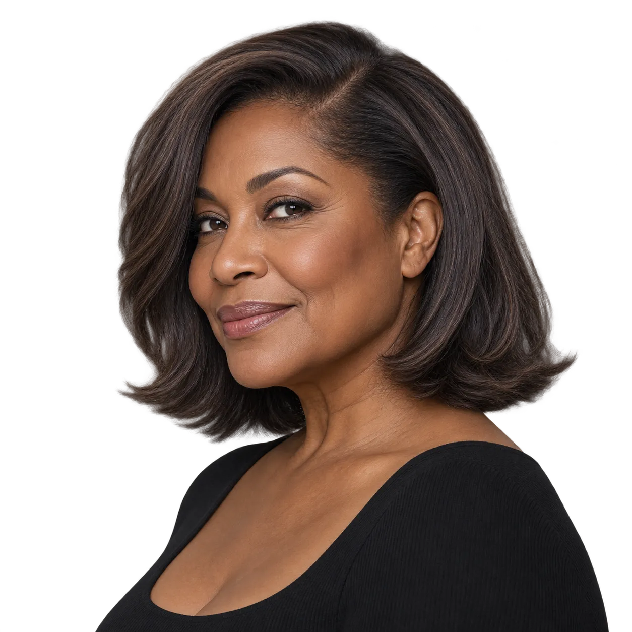 Fictional Afro-Latina woman in her mid-50s with a smooth shoulder-length lob, deep side part, and controlled outward-flicked ends.