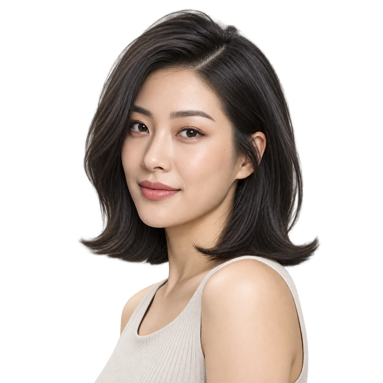 Fictional East Asian woman in her late 20s with a smooth collarbone-length lob, deep side part, and clearly flipped-out ends.