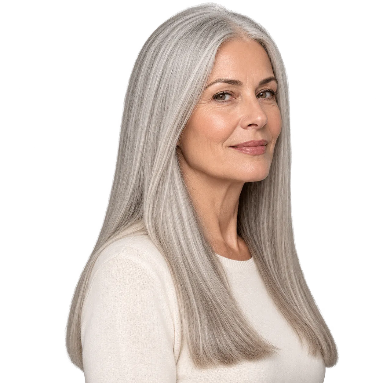 Fictional white woman in her 60s with long sleek center-parted silver-gray hair and a softly blunt perimeter.