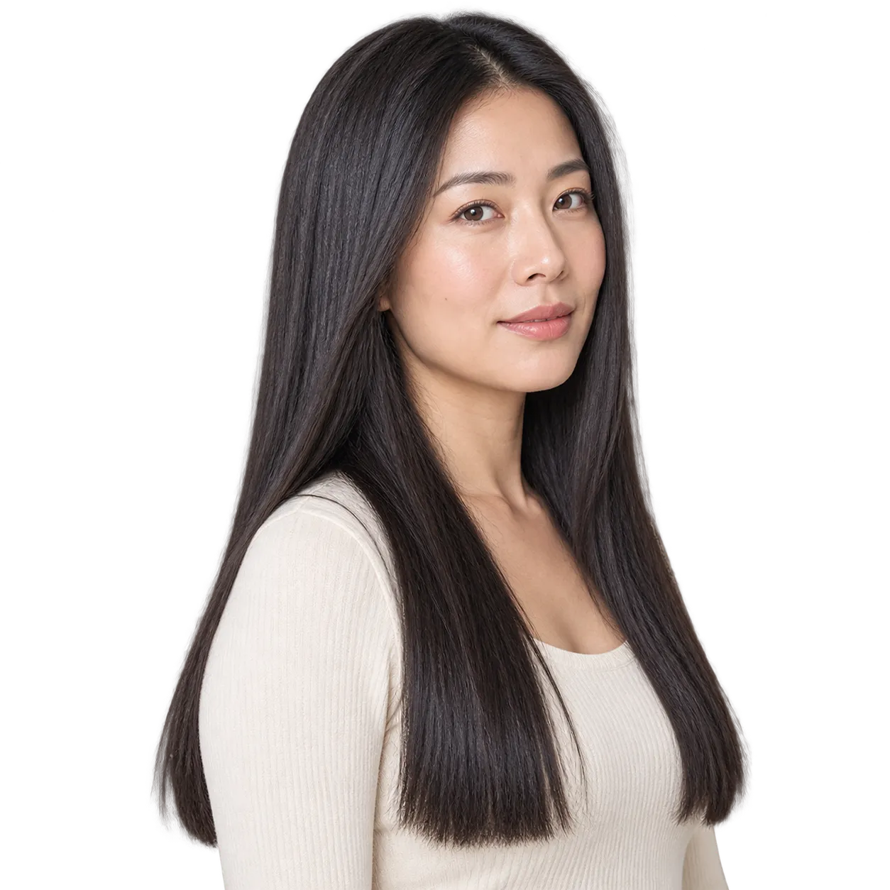 Fictional East Asian woman in her 30s with long sleek center-parted black hair and a dense straight perimeter.