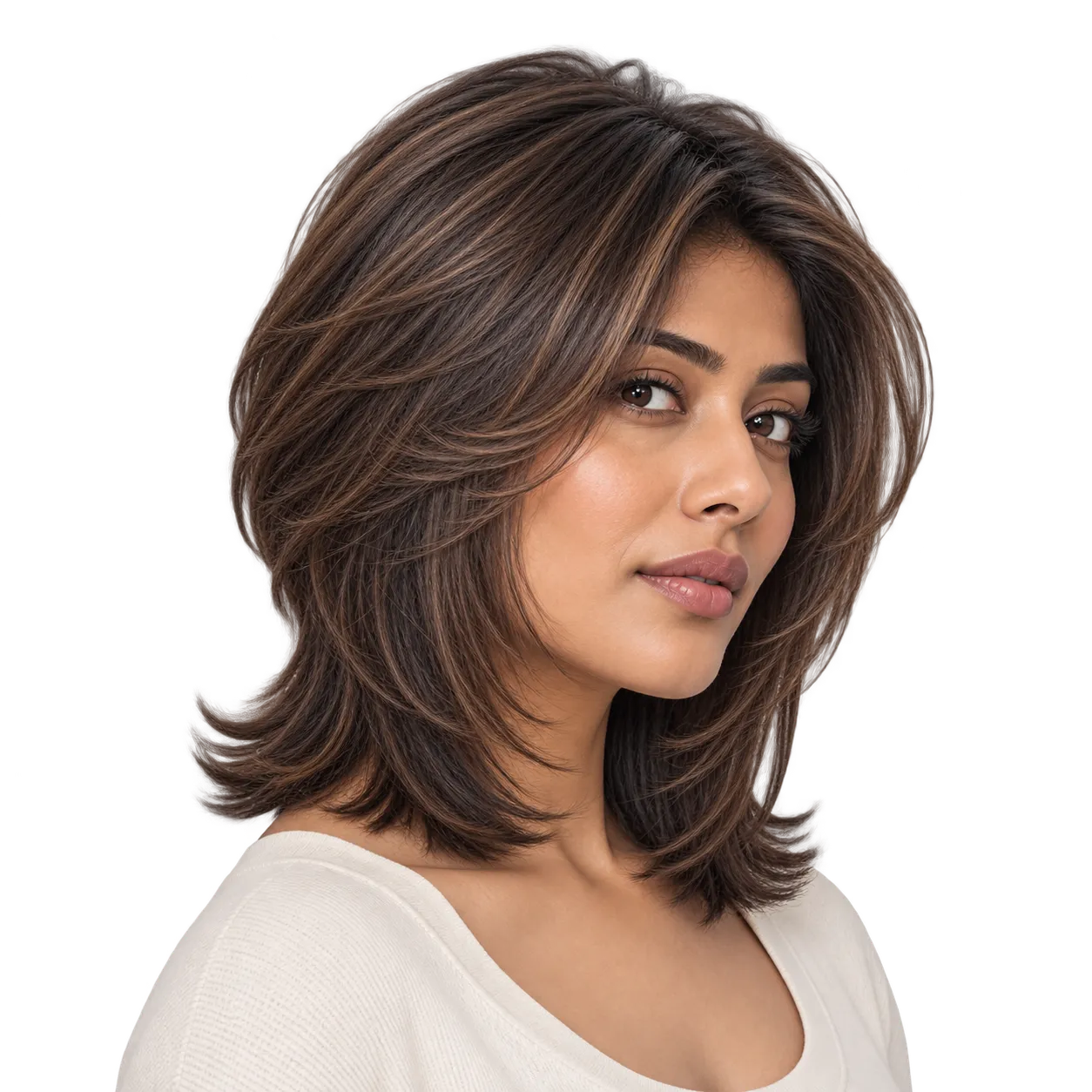 Fictional South Asian woman with a shoulder-length heavily layered Rachel-style haircut, rounded face framing and flicked lower ends.