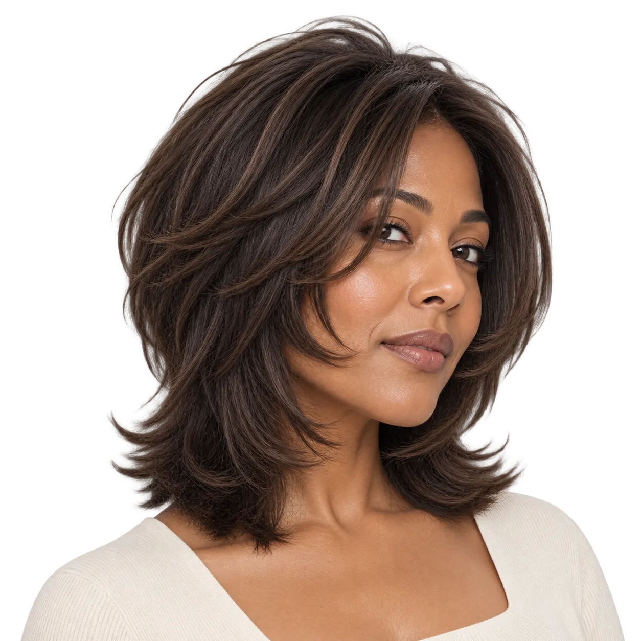 Fictional middle-aged Black or mixed-race woman with a softer shoulder-length Rachel-style layered haircut and visible curved face framing.