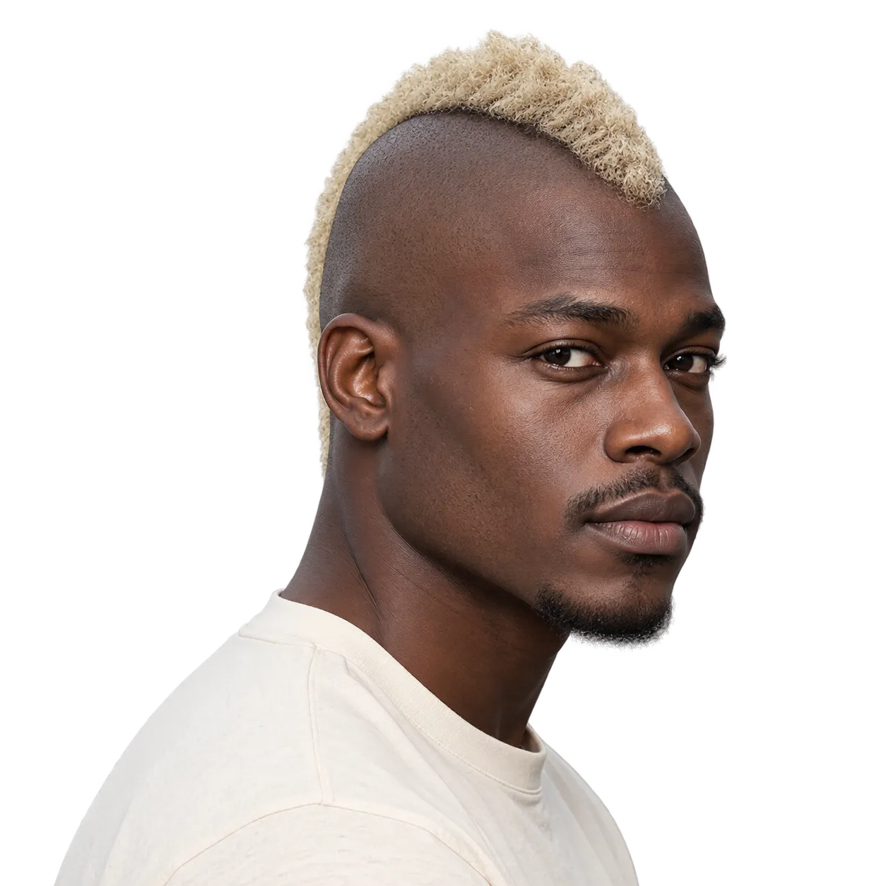 Transparent editorial reference showing a thin blond mohawk with close shaved sides.