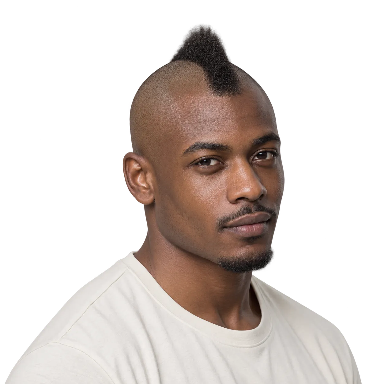 Transparent editorial reference showing a thin dark mohawk with close shaved sides.