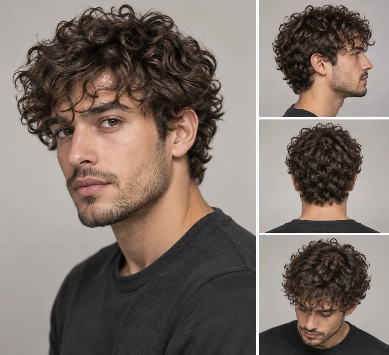 Fictional adult model demonstrating a short curly shag